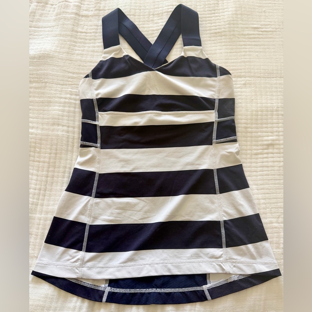 Lululemon Navy White Stripe Criss Cross Built-In Bra Tank Top Size 4